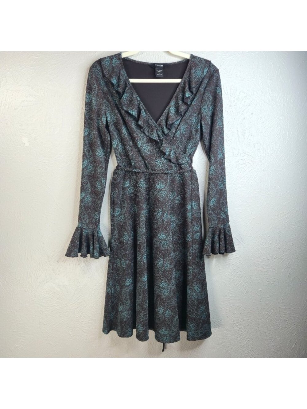 Fairy Grunge Knee Length Dress XS Black Green Bell Sleeve Ruffle Whimsigoth